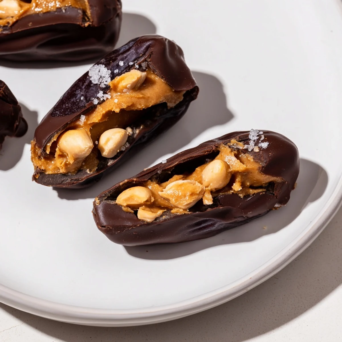 Chocolate Date Snickers: Sweet and chocolatey dessert with dark chocolate coating glistening on each date.