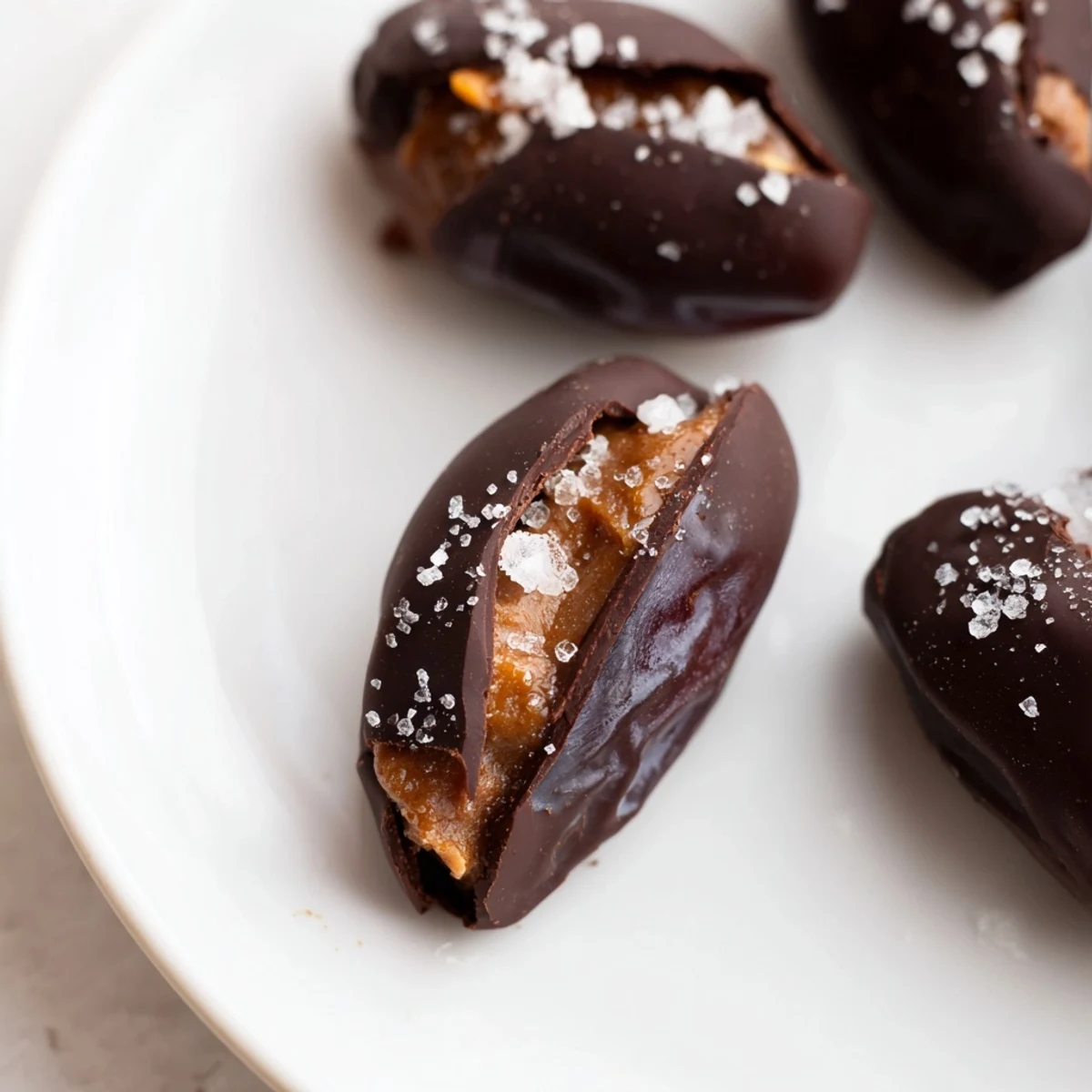 These decadent Chocolate Date Snickers are perfectly coated in dark chocolate and sprinkled with sea salt.