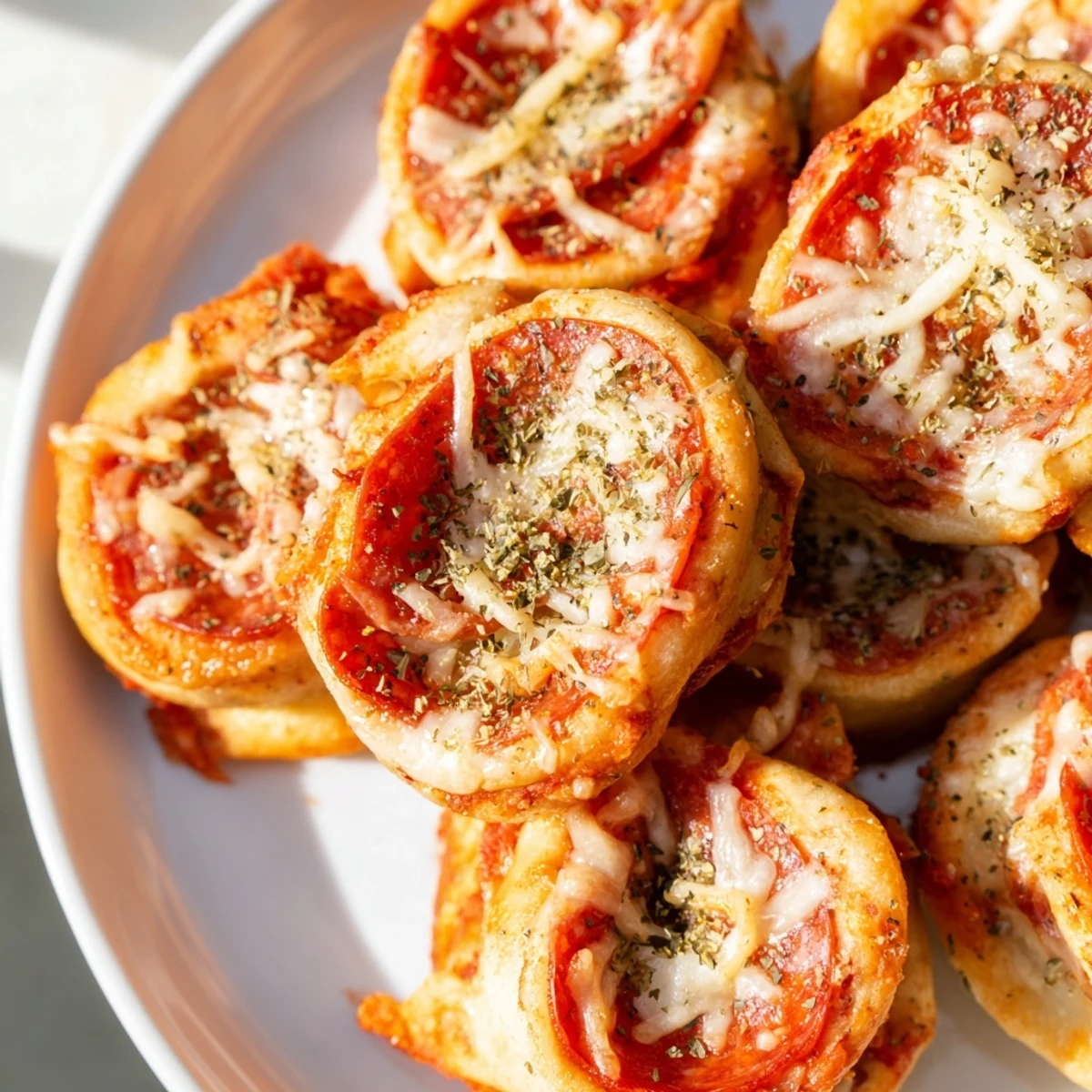 Golden-brown Air Fryer Pizza Rolls, perfectly crispy, ready to dip in rich pizza sauce.