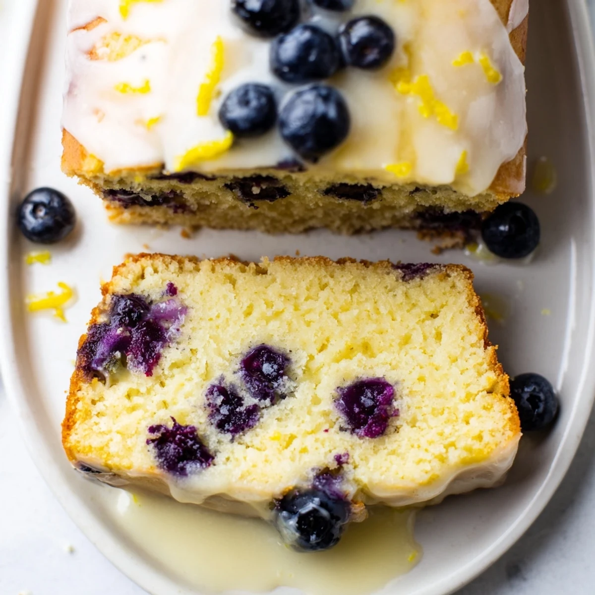 Golden-hued Lemon Blueberry Yogurt Loaf, studded with juicy blueberries, ready to slice and enjoy.