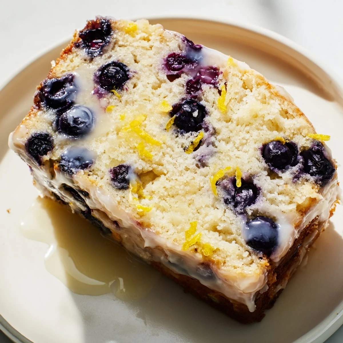 Drizzled lemon glaze atop a rustic Lemon Blueberry Yogurt Loaf, tempting with its vibrant flavors.