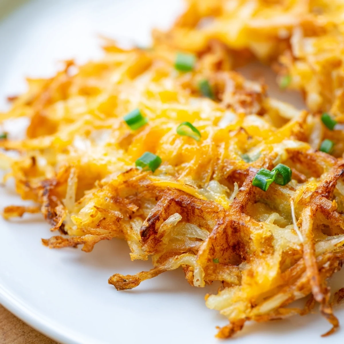 Golden-brown, crispy Cheesy Hash Brown Waffles, served with sour cream and chives for a hearty breakfast.