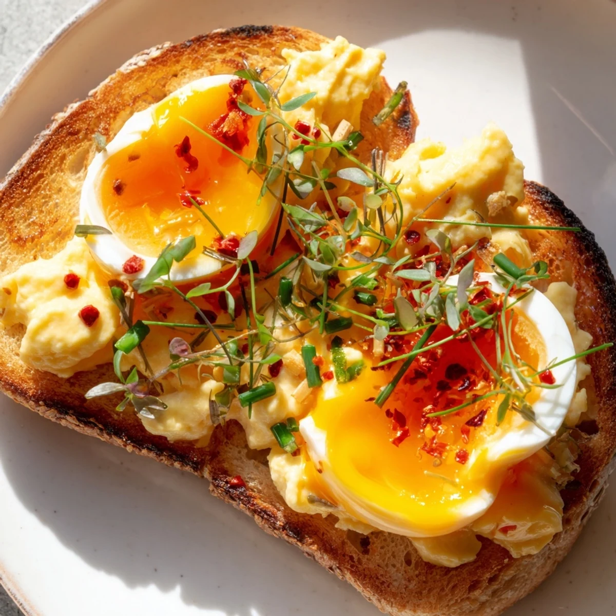 Golden toasted bread topped with a vibrant Egg Flight Toast, showcasing three delicious egg preparations.