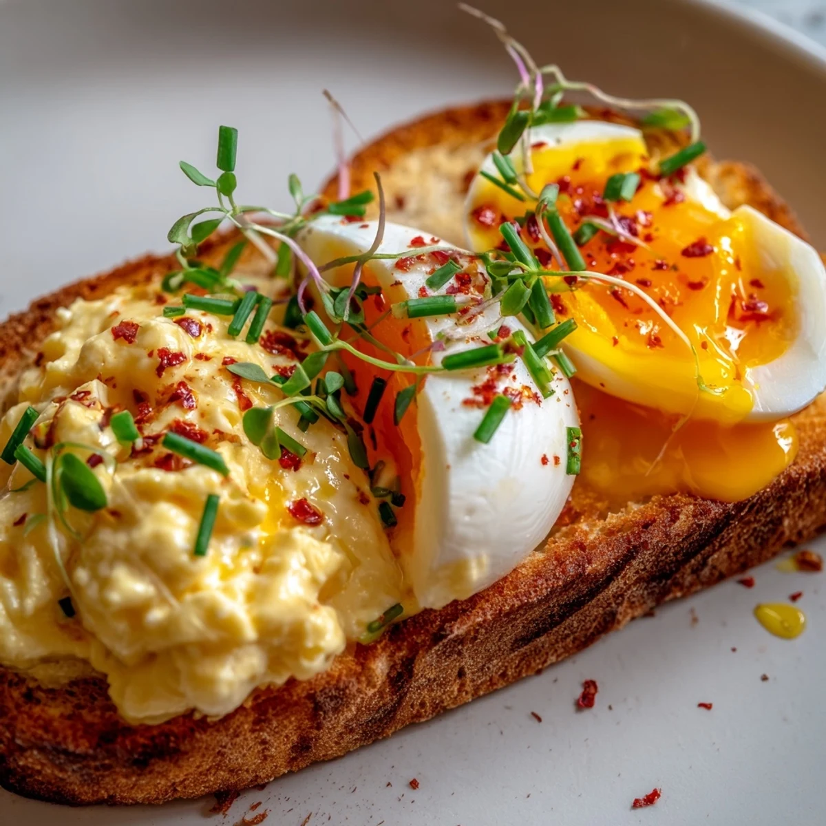 A close-up of a colorful Egg Flight Toast with perfectly cooked eggs and fresh chive garnish.