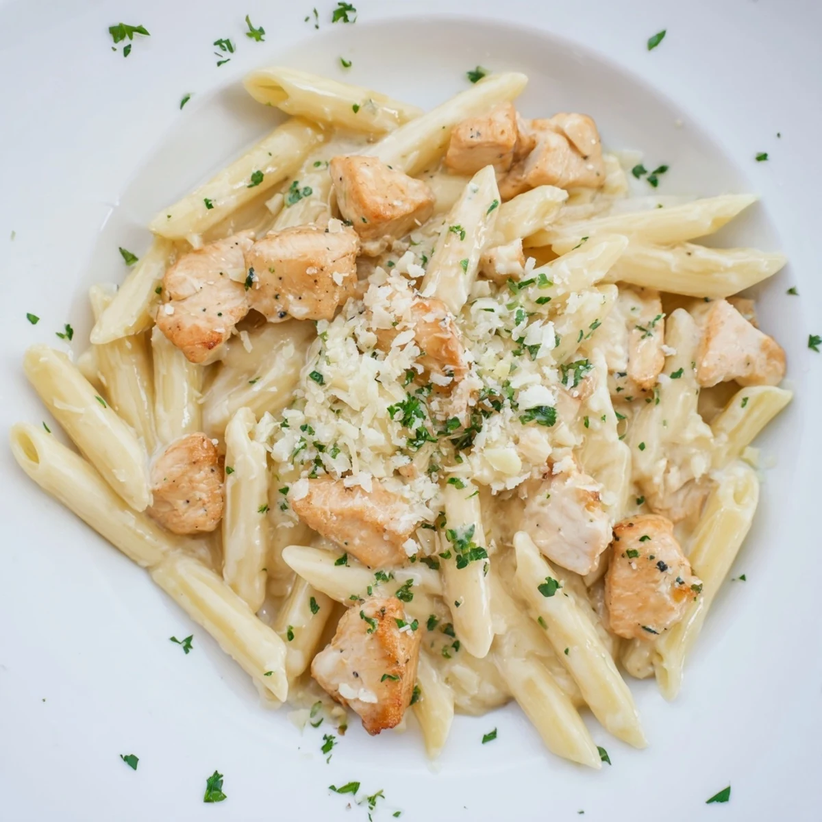 One-pan Quick Garlic Parmesan Chicken Pasta, a comforting weeknight meal with golden chicken pieces and pasta.