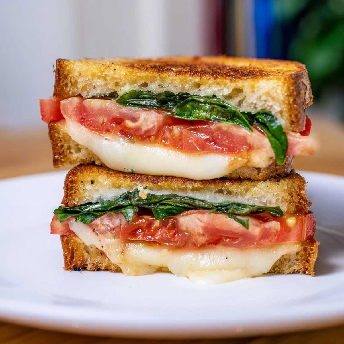 Golden-brown Tomato Basil Grilled Cheese sandwich with melted mozzarella and fresh basil inside.