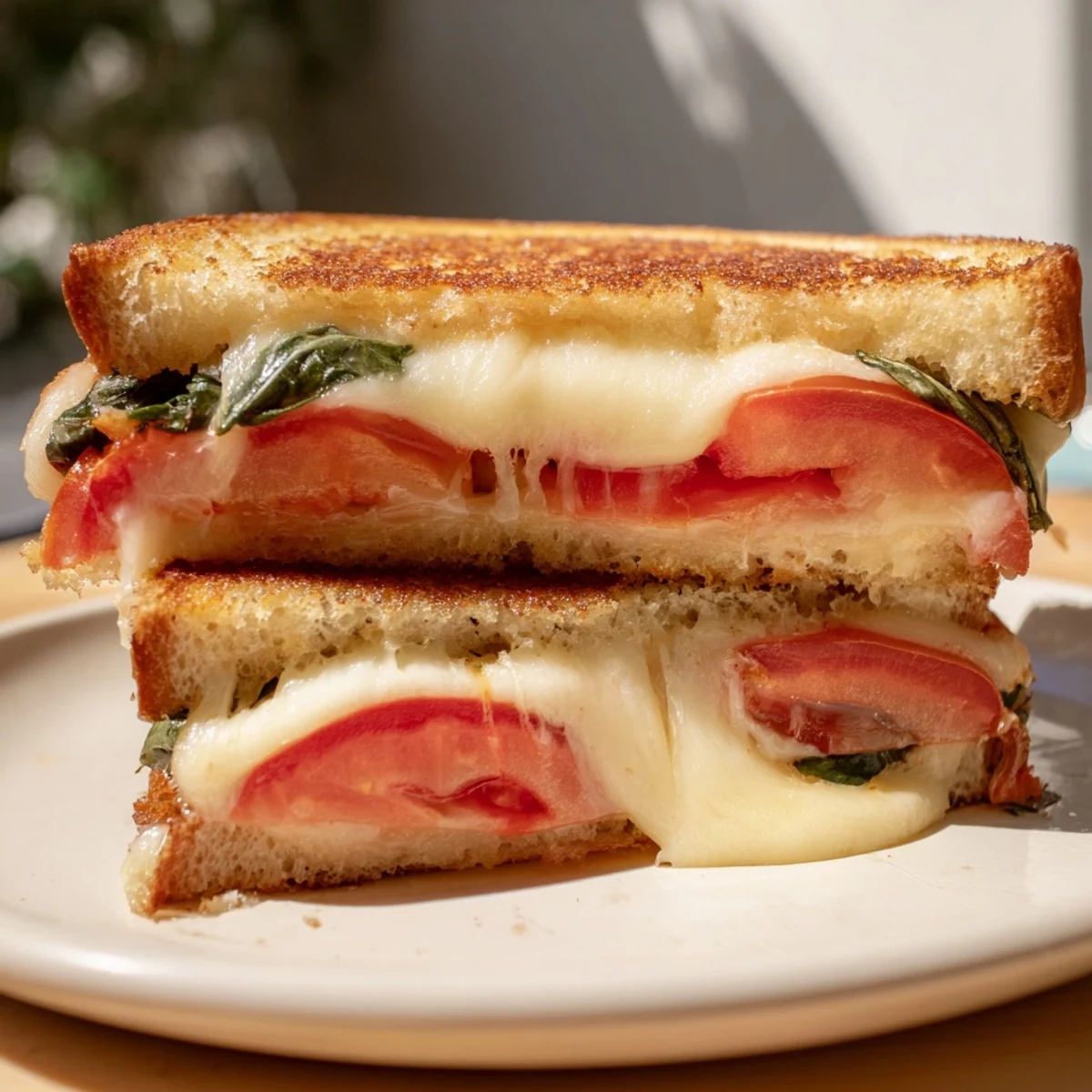 Close-up of a perfectly toasted Tomato Basil Grilled Cheese, ready to be sliced and enjoyed warm.