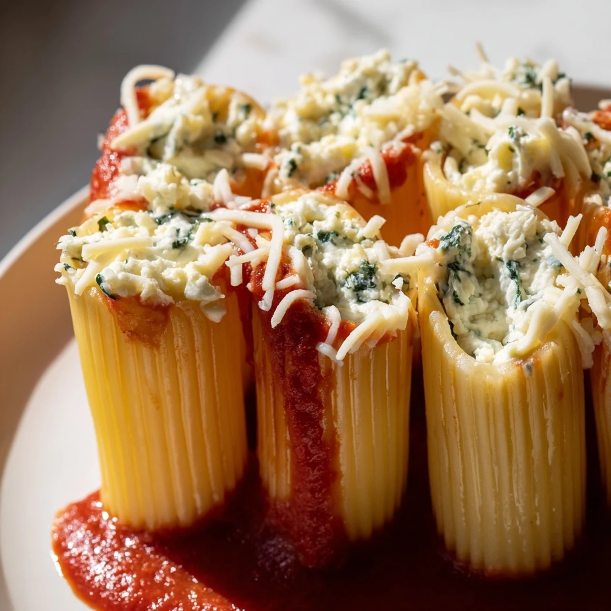 A close-up of a delicious, cheesy Honeycomb Pasta Bake, baked until the mozzarella is perfectly browned.