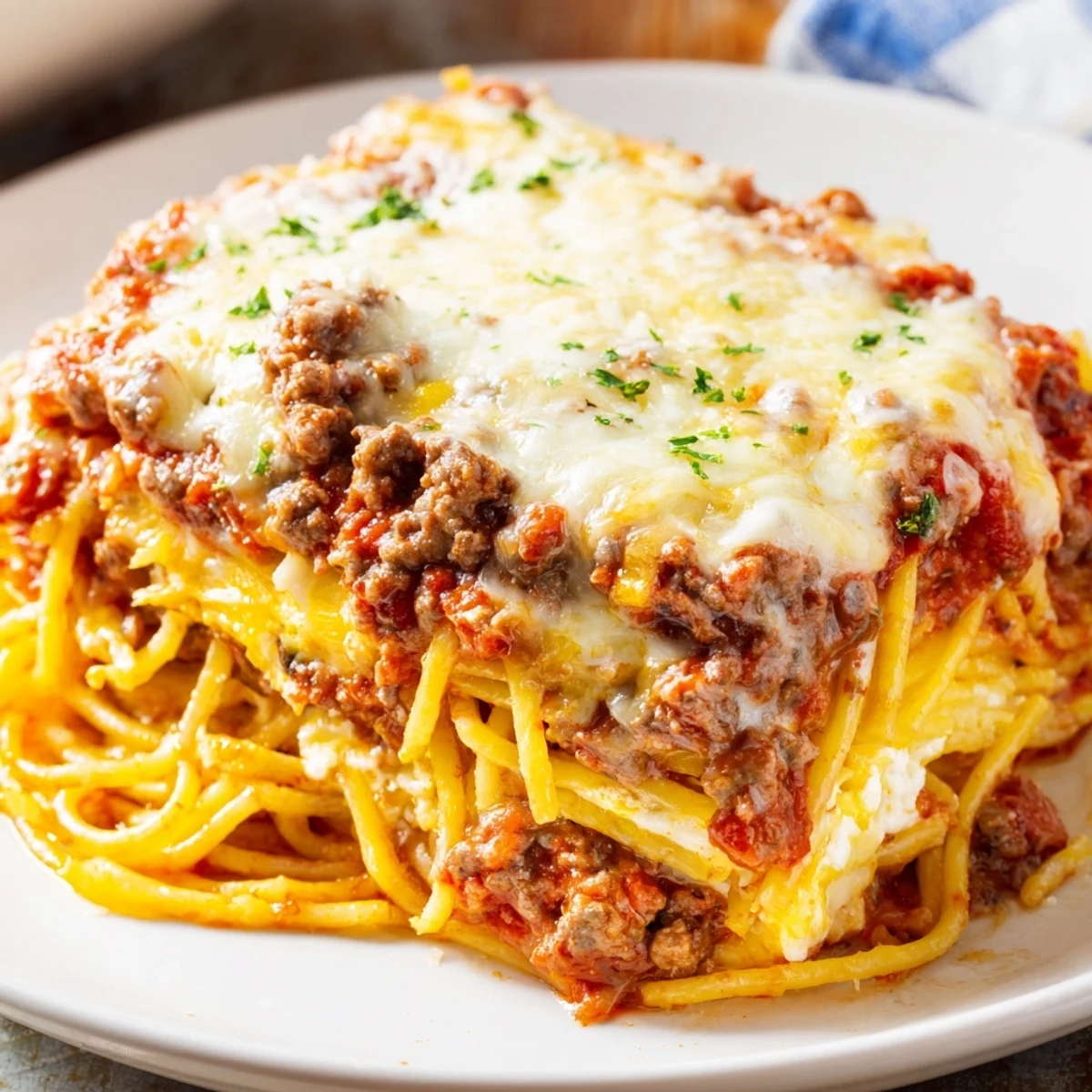 Golden, bubbly Million Dollar Spaghetti, a hearty baked casserole with melted cheese and rich meat.