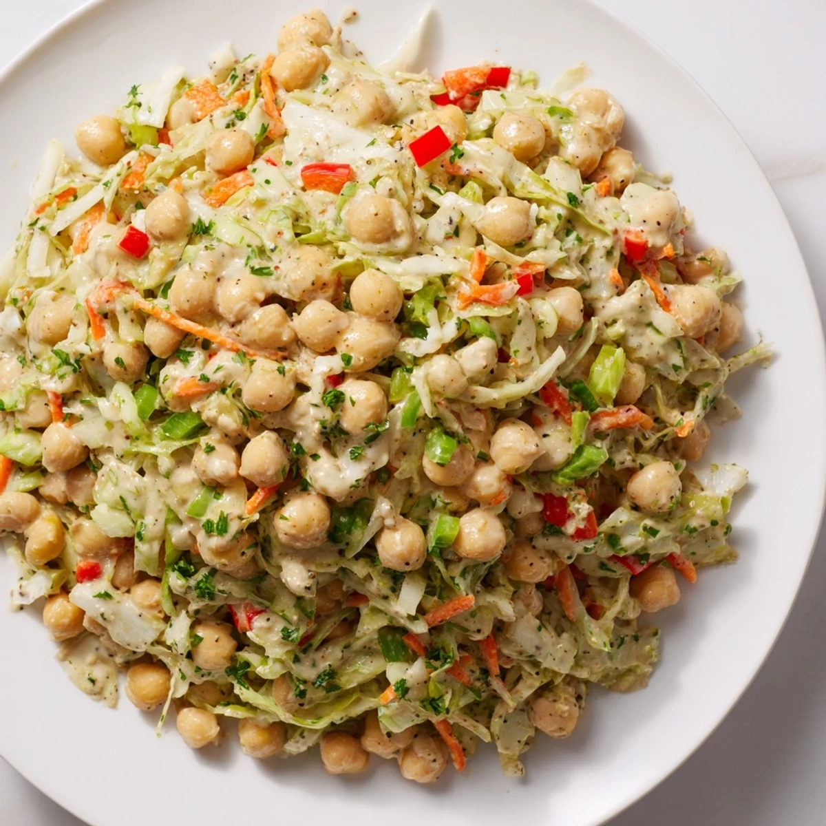 Vibrant Fiber-Forward Chickpea Salad showcasing chickpeas, colorful veggies, and creamy tahini dressing, perfect for lunch.