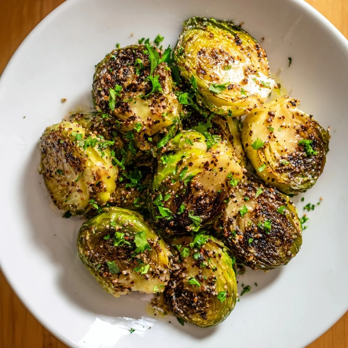 These glazed honey mustard Brussels sprouts are beautifully caramelized, offering a blend of sweet and savory flavors.
