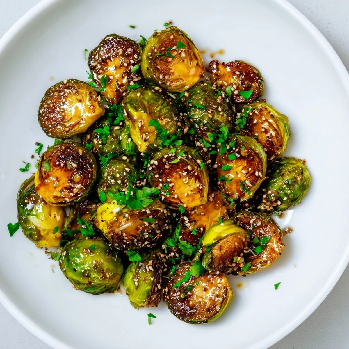 Picture the vibrant honey mustard glaze coating these delicious Brussels sprouts, ready to serve with a meal.
