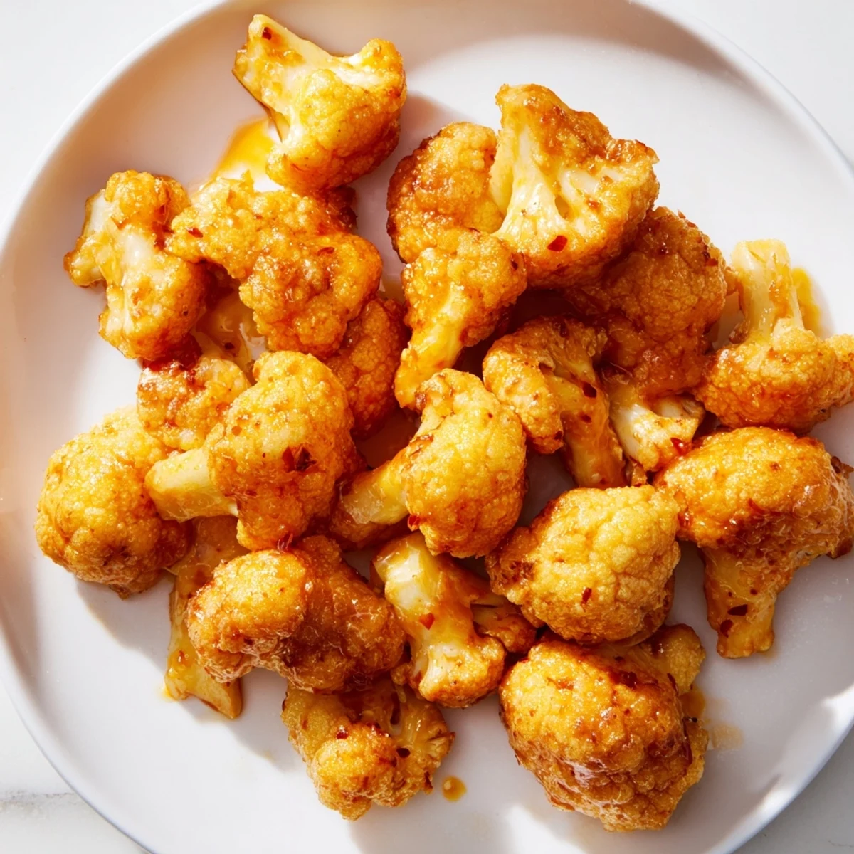 Golden-brown Buffalo Cauliflower Bites ready to be dipped and enjoyed with cool ranch.
