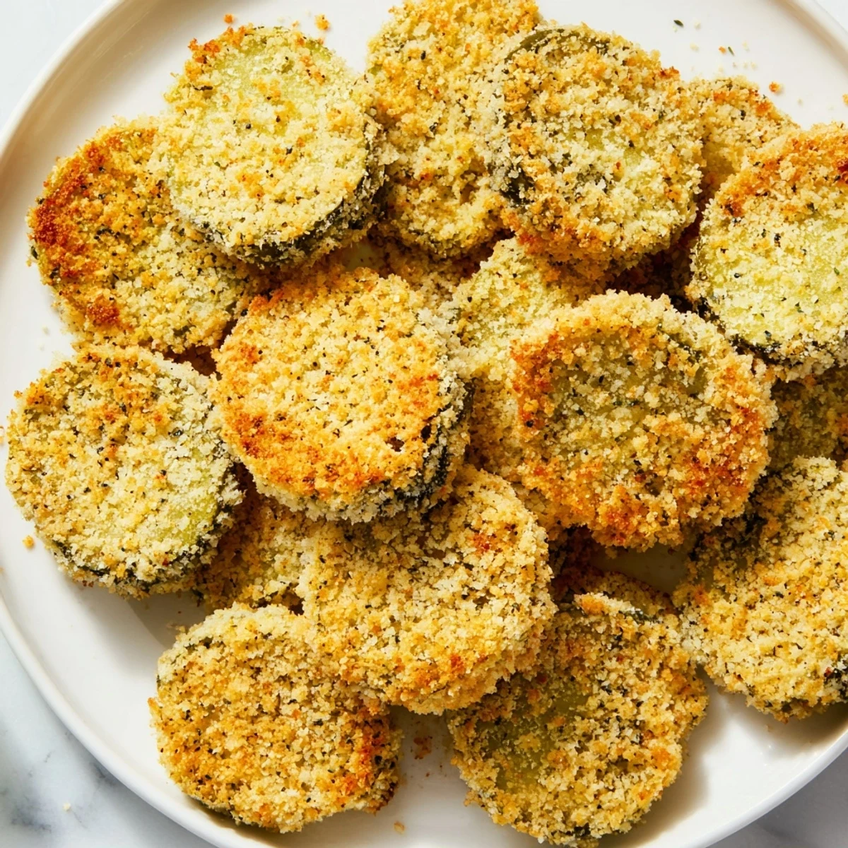 Golden and crispy air-fried pickles are pictured, a delicious American appetizer to share.