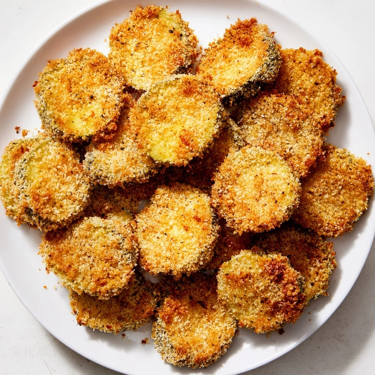 Plate of perfectly cooked crispy fried pickles ready to dip in ranch, a tasty snack.