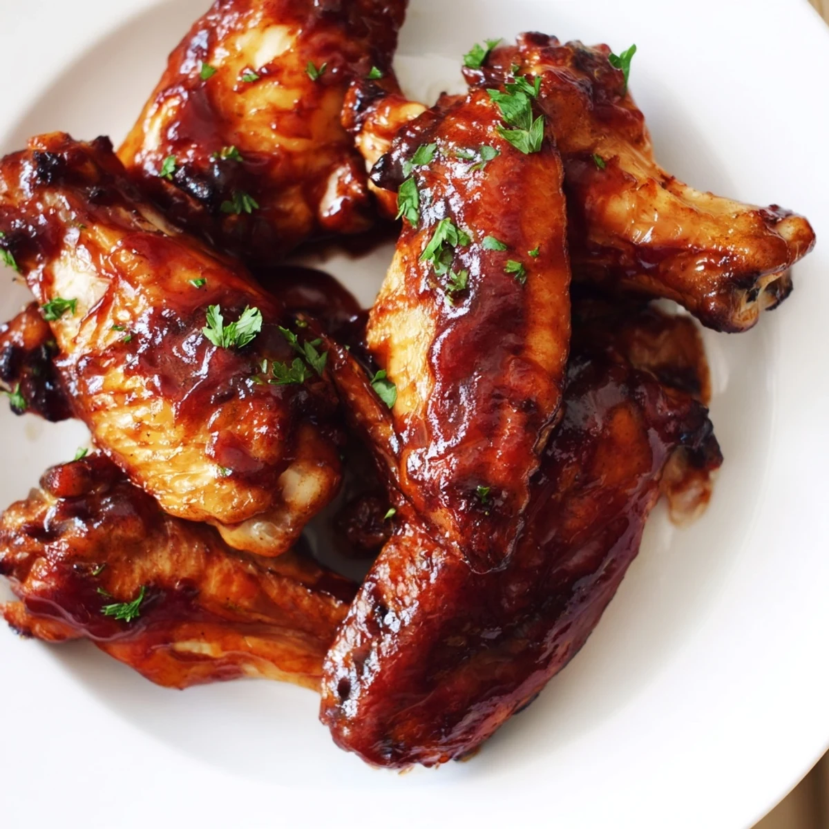 Golden, crispy Baked Sticky Honey BBQ Wings glistening with a sweet, tangy sauce, ready to serve.