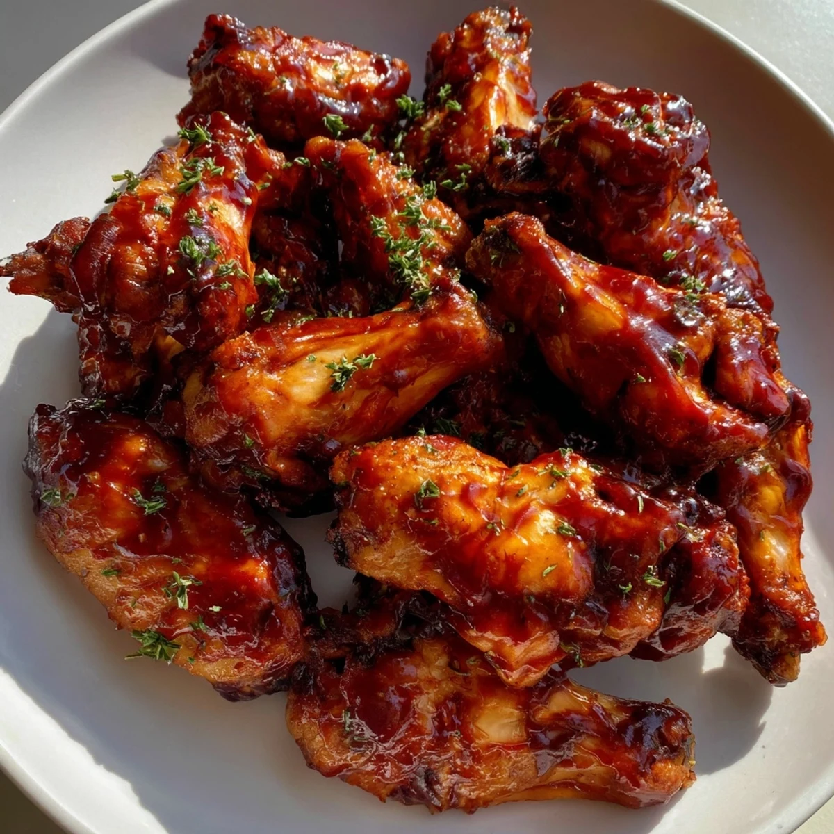 These Baked Sticky Honey BBQ Wings display a delightful sheen, perfect for a game-day appetizer.