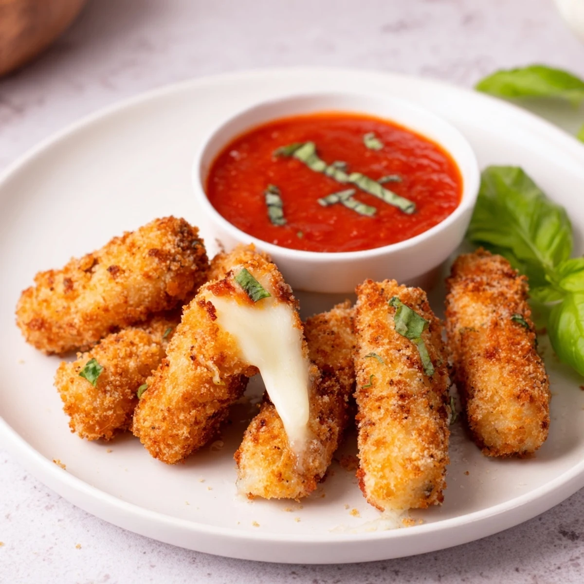 These crispy, air fryer mozzarella sticks offer a satisfying pull of melted cheese with every bite.