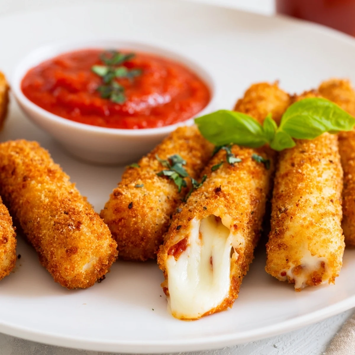 Golden-brown air fryer mozzarella sticks, perfect for dipping in warm marinara sauce.