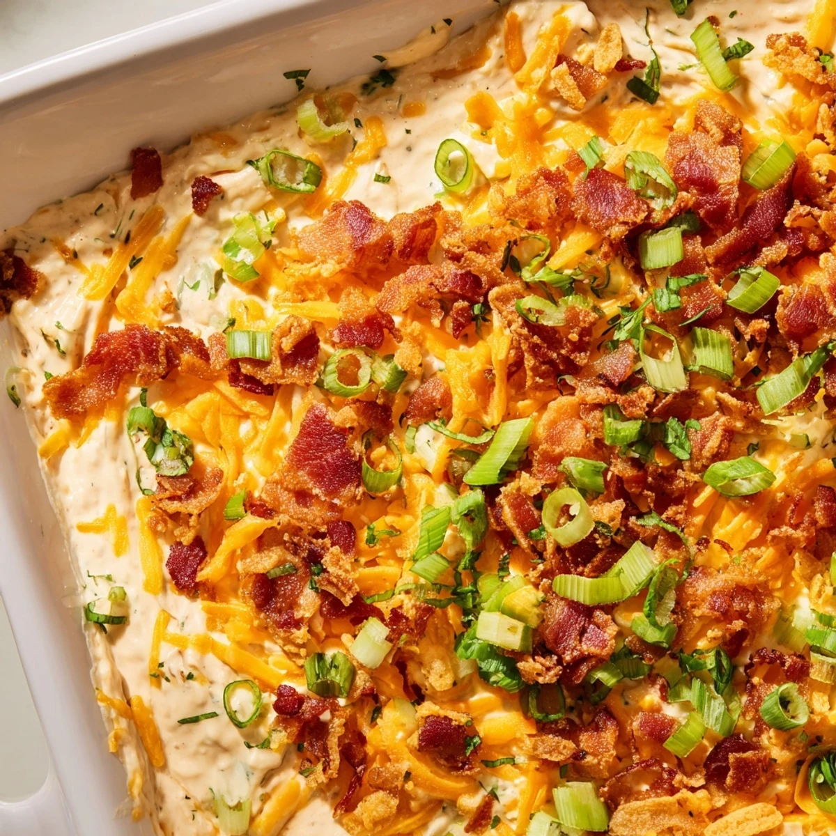 Golden, bubbly Cheesy Bacon Ranch Dip, served hot with crispy bacon crumbles and fresh herbs.