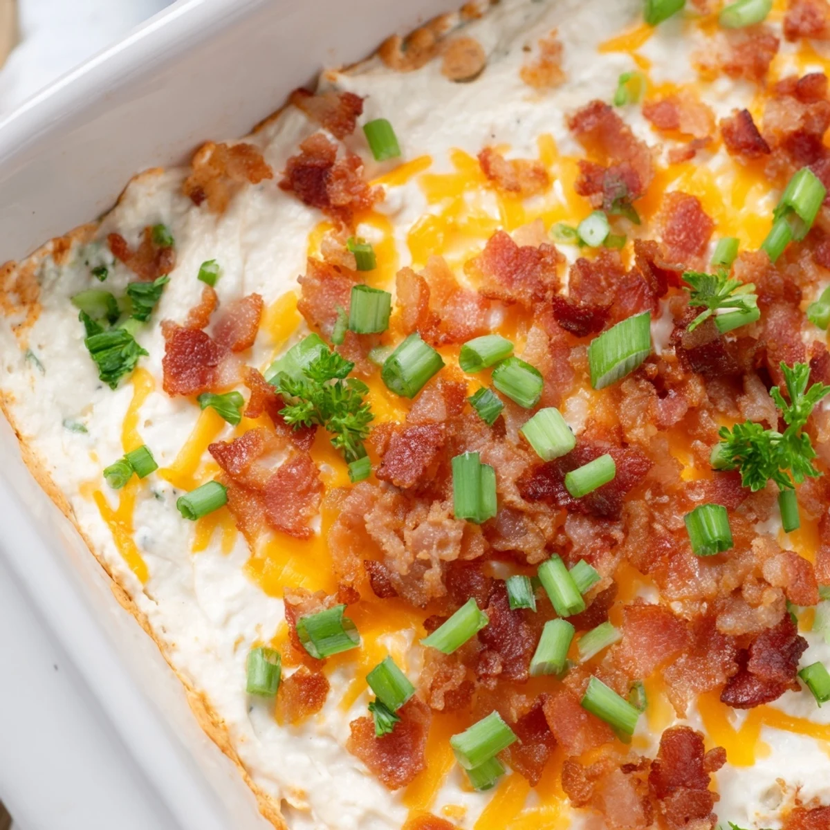 A close-up view of creamy, baked Cheesy Bacon Ranch Dip ready for scooping with chips.