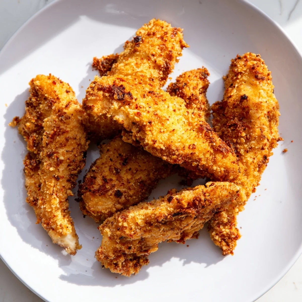 Close-up of golden brown buttermilk fried chicken tenders, showcasing the crunchy, flavorful seasoned coating.