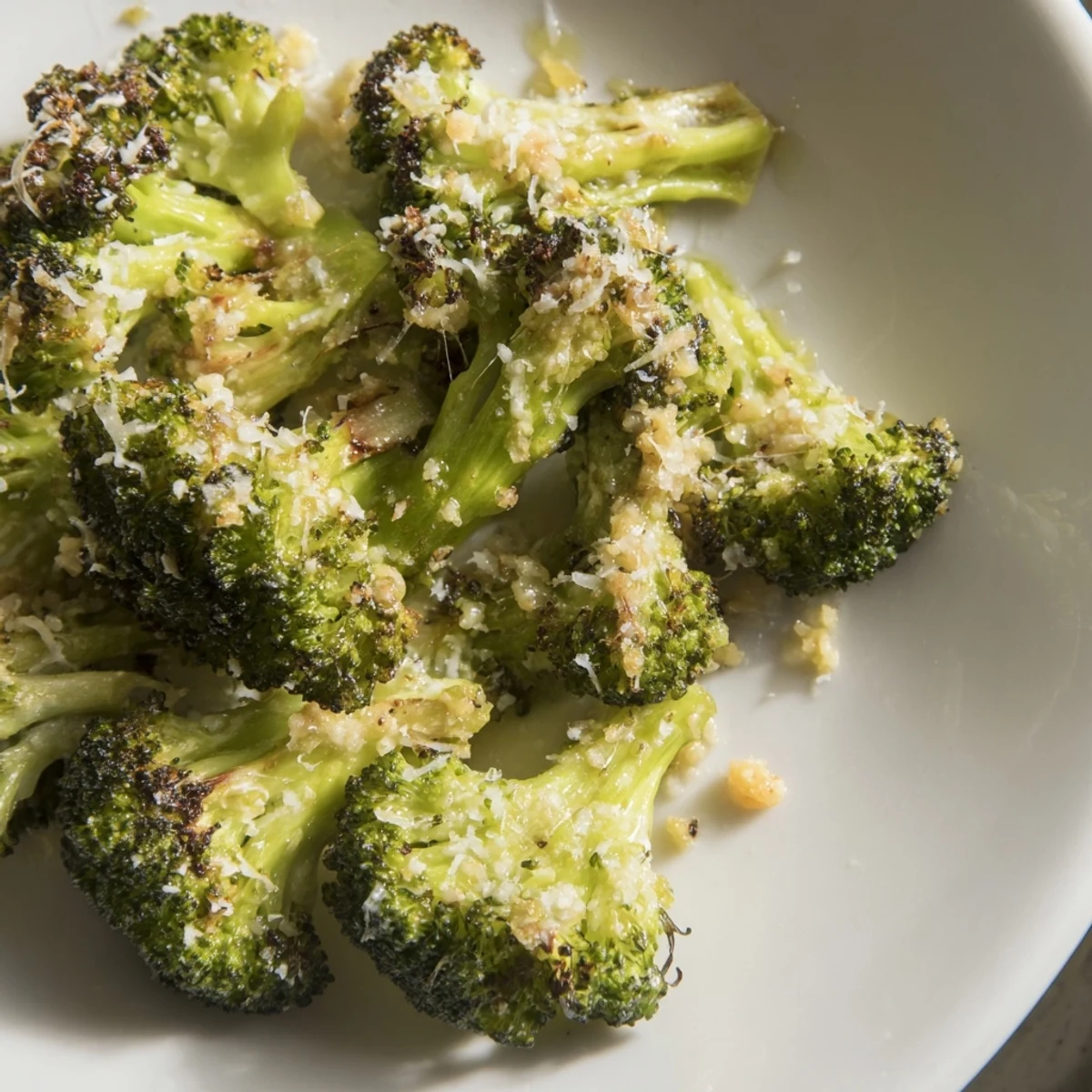 Golden, crispy Garlic Parmesan Roasted Broccoli, ready to be served as a delightful side.