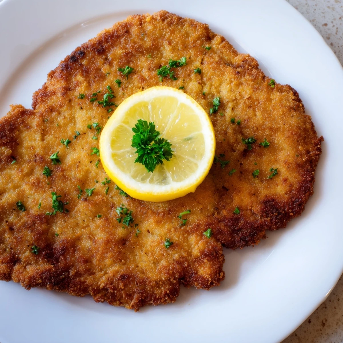 Golden-brown Austrian Wiener Schnitzel, perfectly fried and ready to be served with lemon wedges.