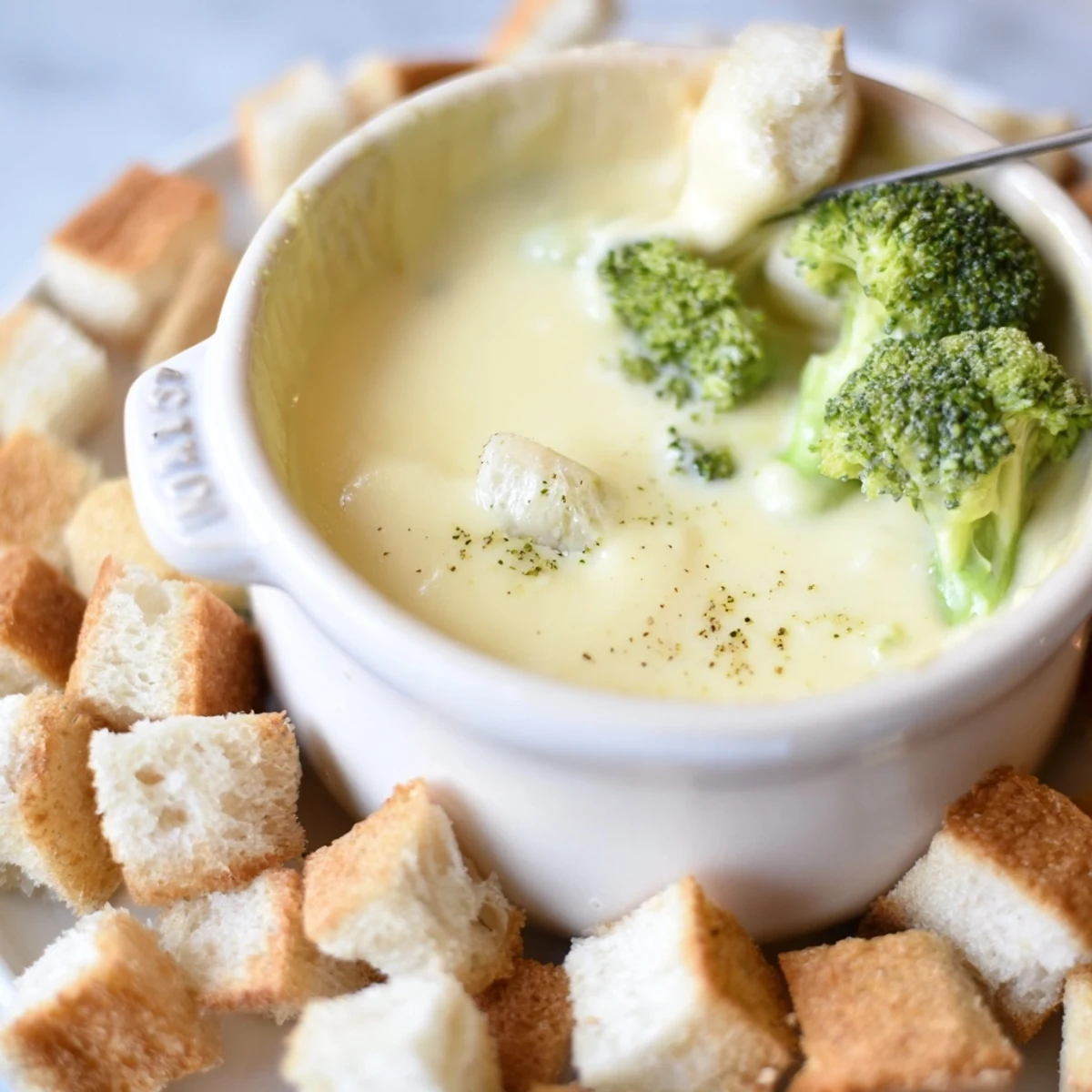 Creamy Swiss cheese fondue with crusty bread cubes and vegetables prepared for dipping pleasure.