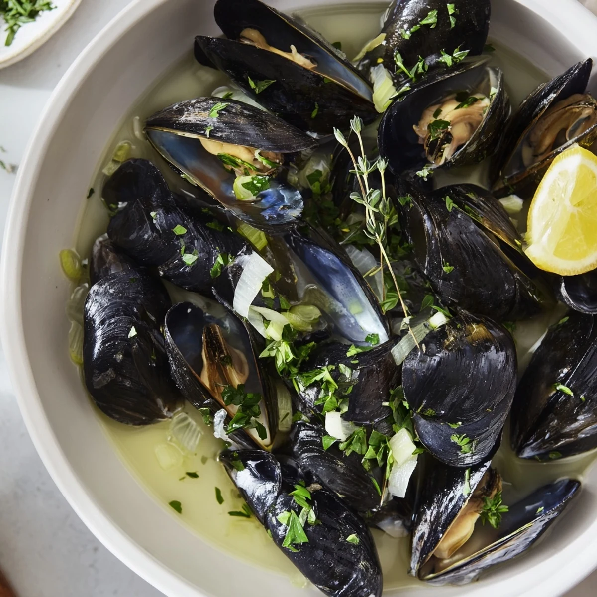 Steamy bowl of Belgian Moules Marinière with fresh parsley and mussels glistening with broth.