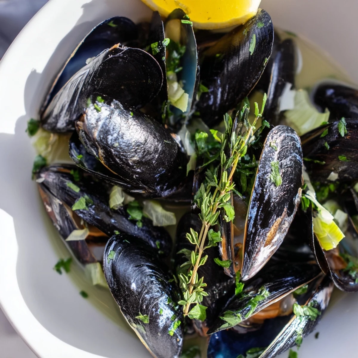 Close-up of savory Belgian Moules Marinière, showcasing plump mussels in a fragrant white wine sauce.