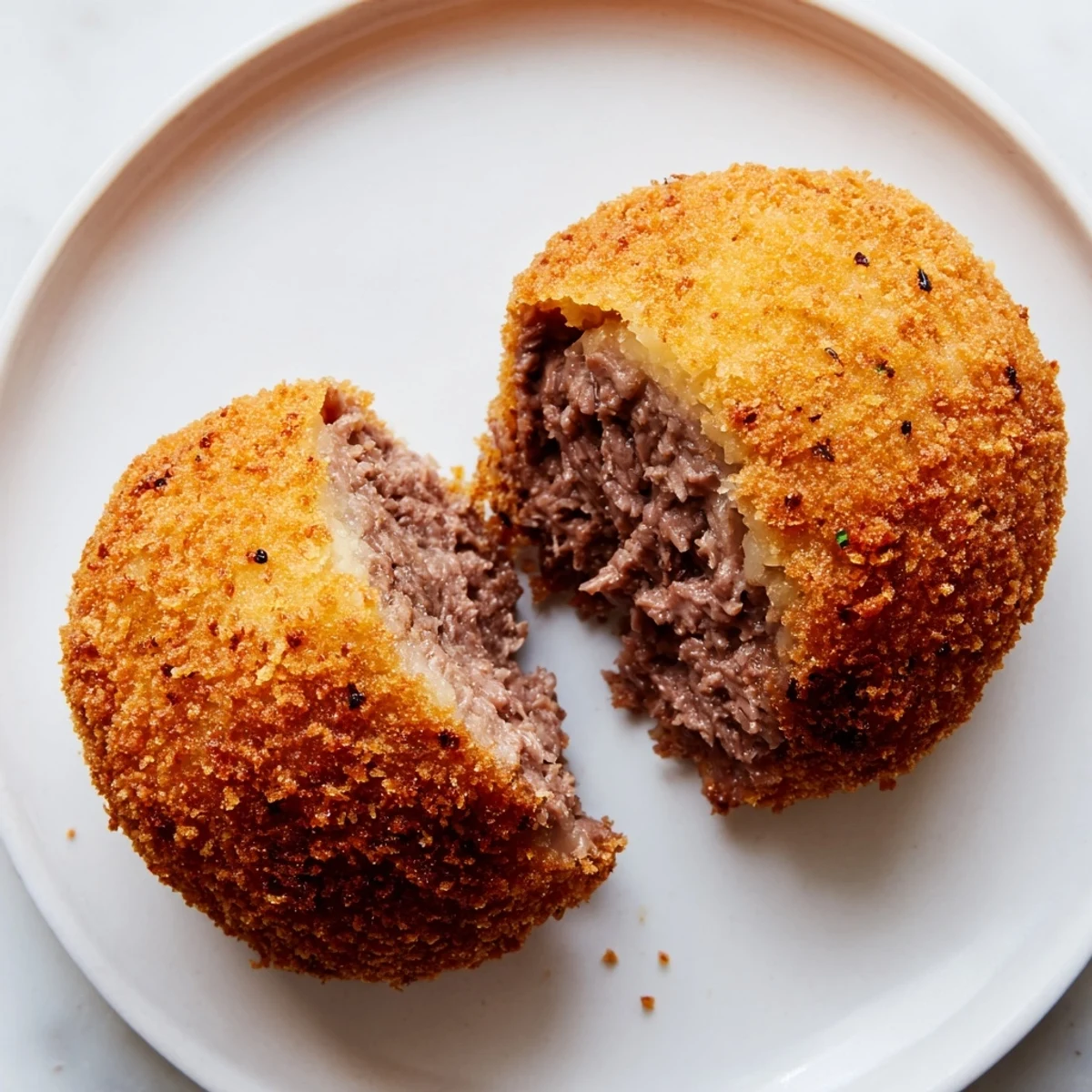 Golden Dutch croquettes, crispy breaded exterior with a savory, creamy beef filling ready to eat.