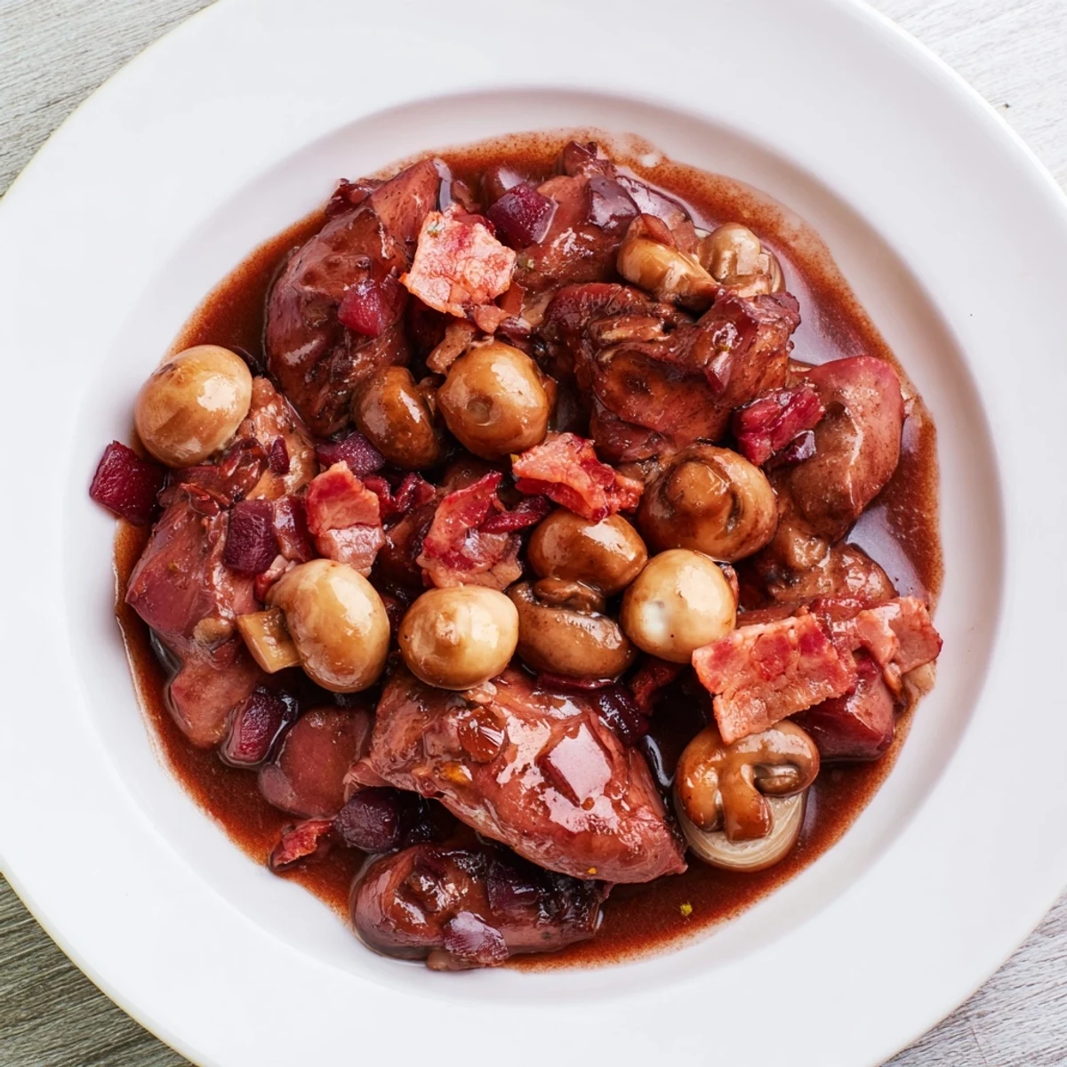 Tender Coq au Vin, a hearty French stew featuring chicken braised in rich red wine.