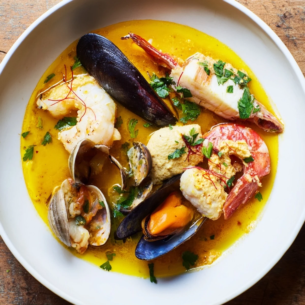 Steaming bouillabaisse, ruby red from tomatoes, with chunks of fish and shell-on shrimp ready to serve.