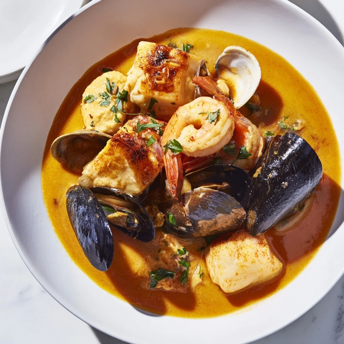 Aromatic bouillabaisse with golden saffron broth, various seafood, and crusty bread perfect for dipping.