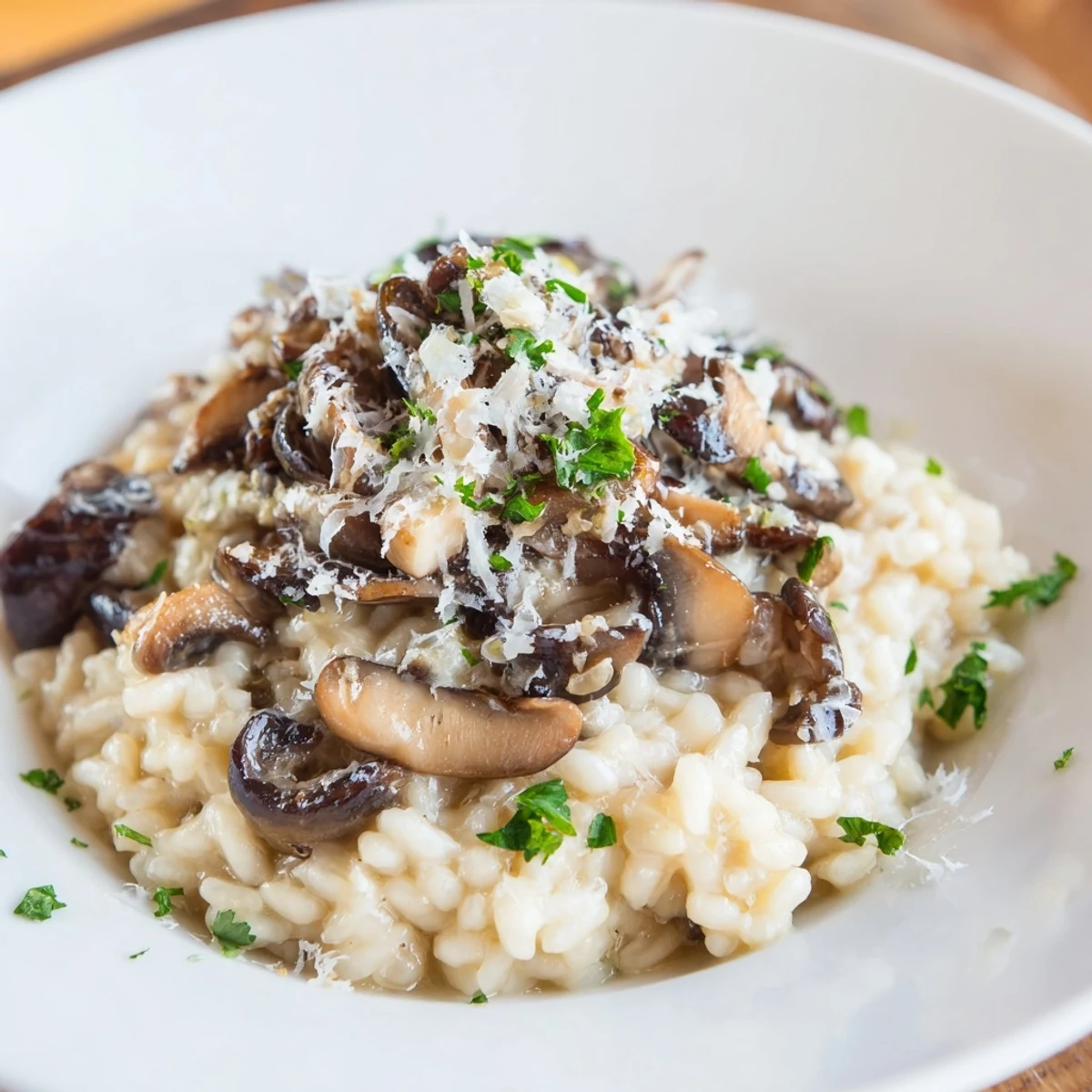 A steaming bowl of Italian mushroom risotto, rich and savory, perfect for a vegetarian meal.
