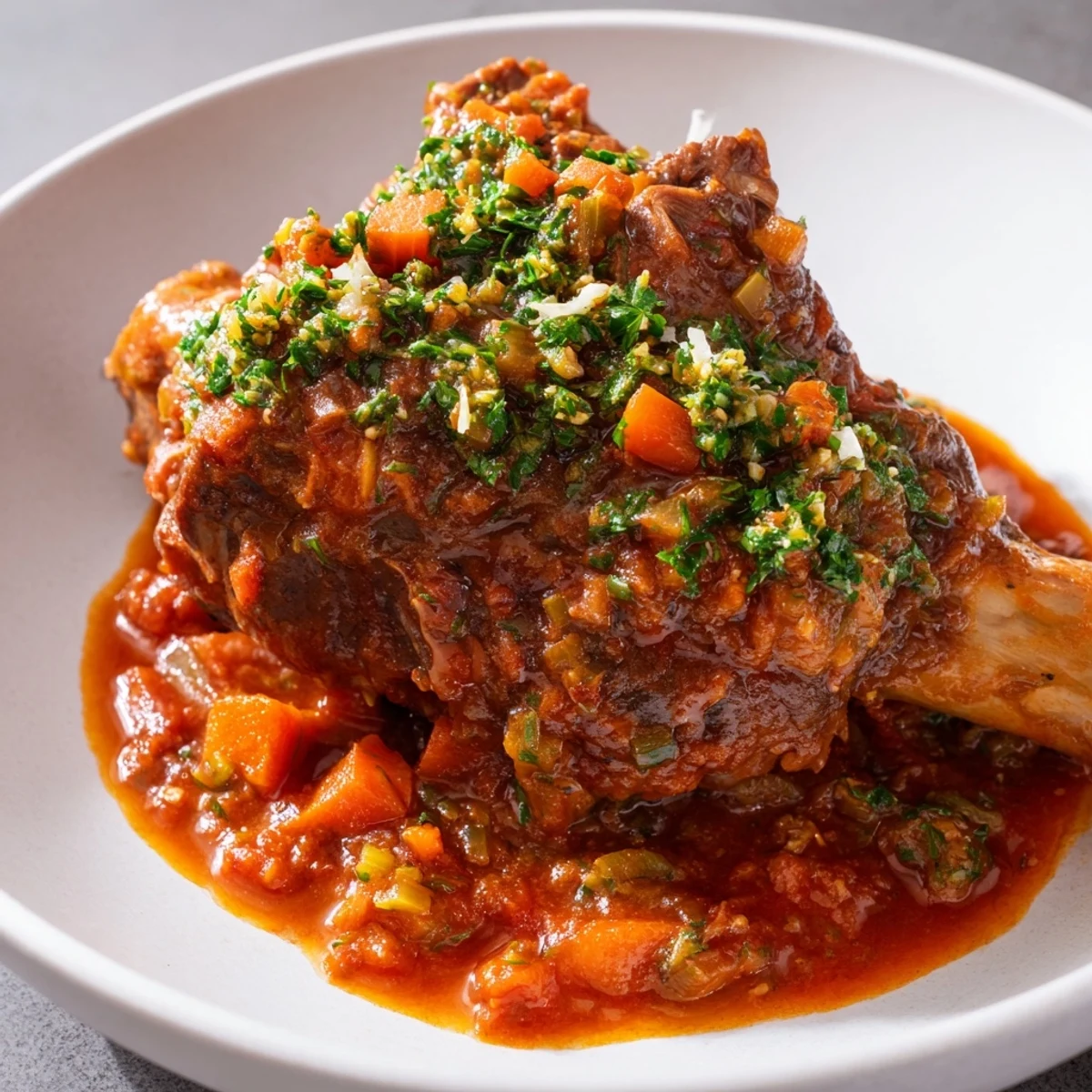 Tender Osso Buco served with vibrant gremolata, imagine the savory braised veal and rich sauce.