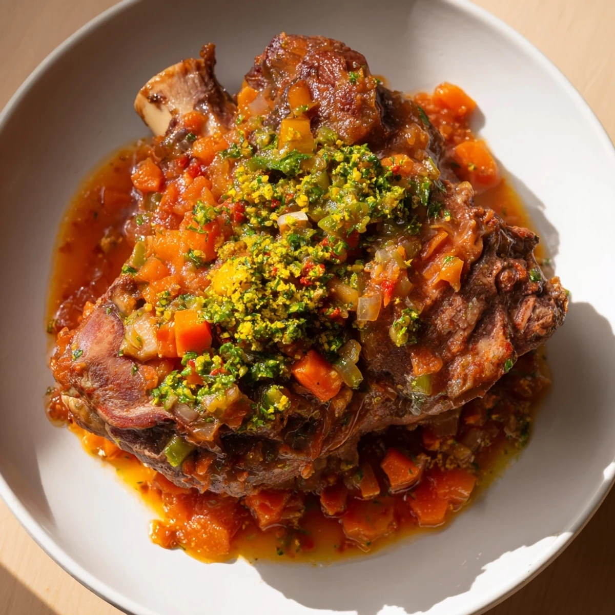 A close-up shot of steaming Osso Buco with meltingly soft veal shanks, ready for a comforting dinner.