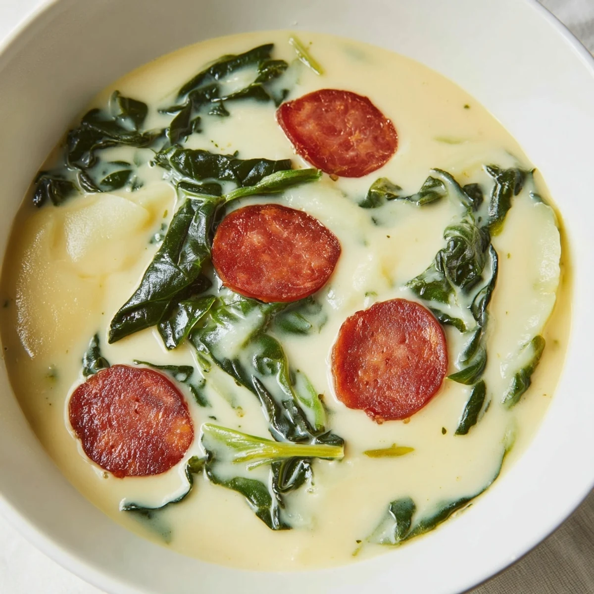 A steaming bowl of Portuguese Caldo Verde soup, vibrant green kale swirling with chorizo.