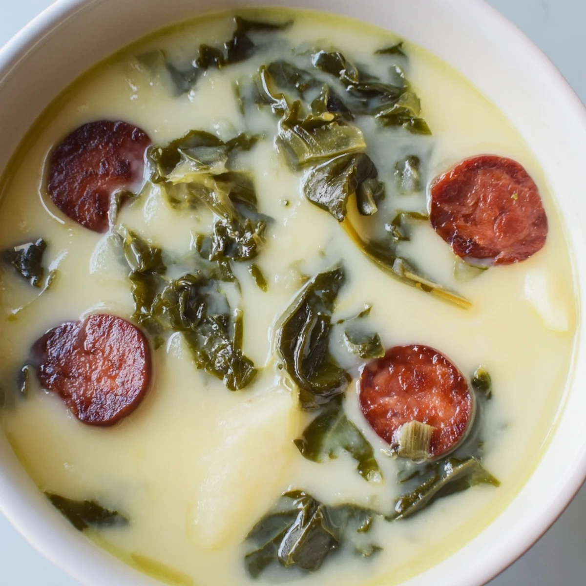 Close-up of hearty Portuguese Caldo Verde, a creamy potato soup with savory, smoky chorizo slices.