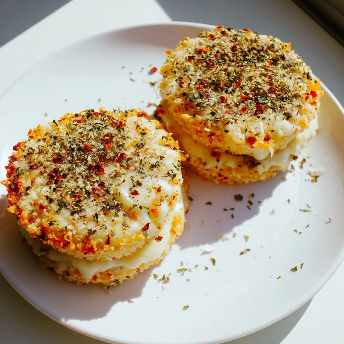 Bite-sized Crispy Rice Cake Cheese Stacks with golden edges, served warm with marinara or pesto for dipping.