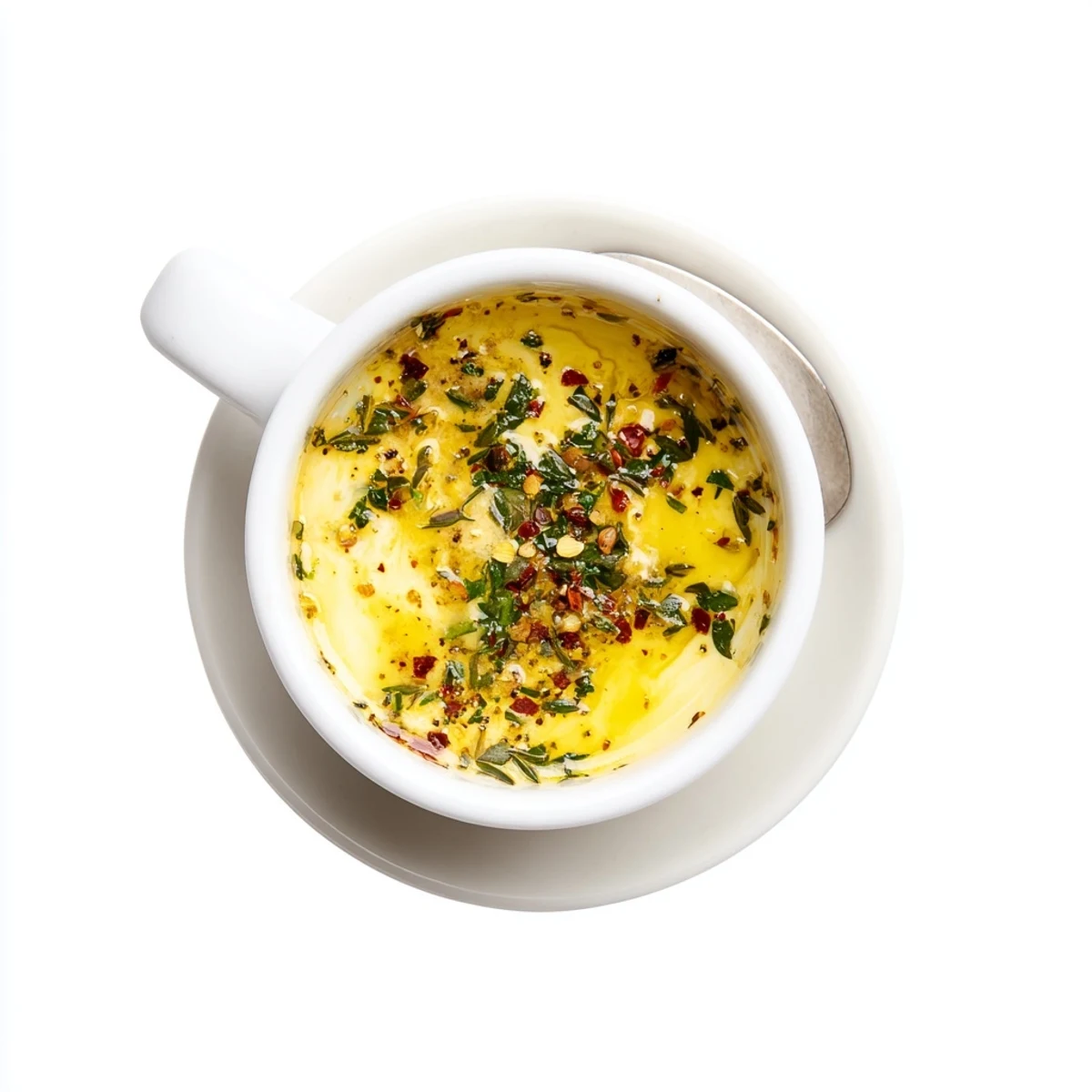 A close-up of glossy cowboy butter sauce in a small ramekin, garnished with fresh parsley and lemon zest, drizzled over a grilled steak.