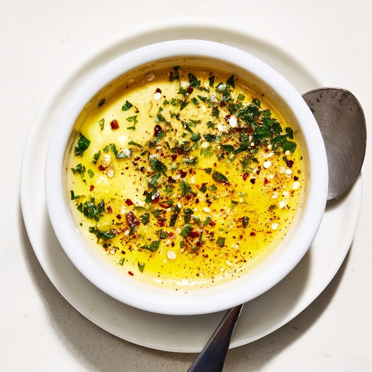 Golden cowboy butter sauce bubbling in a saucepan with garlic and fresh herbs, ready to be spooned over roasted vegetables or seafood.