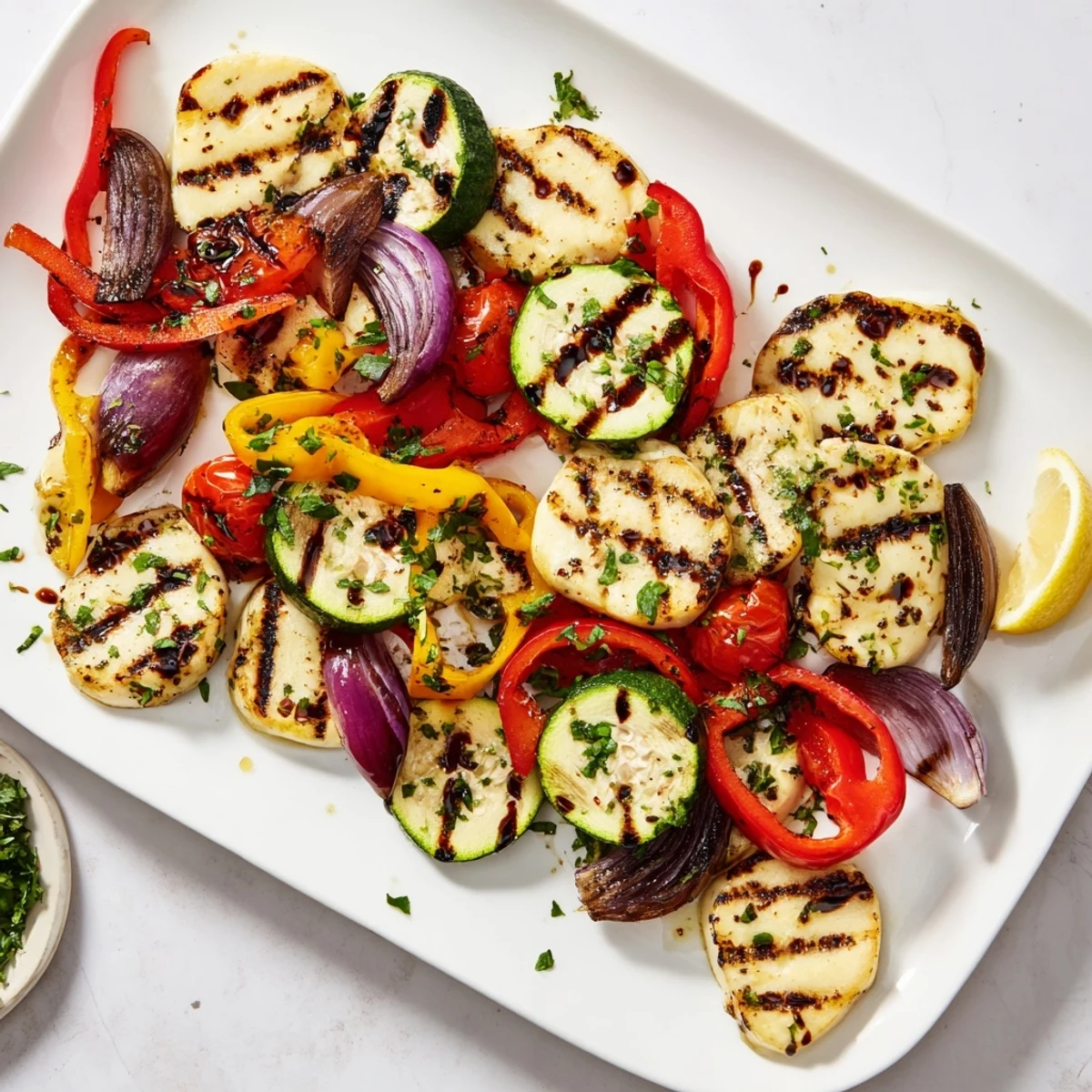 Thick slices of grilled halloumi cheese steak topped with vibrant red bell peppers and zucchini on a serving platter.  