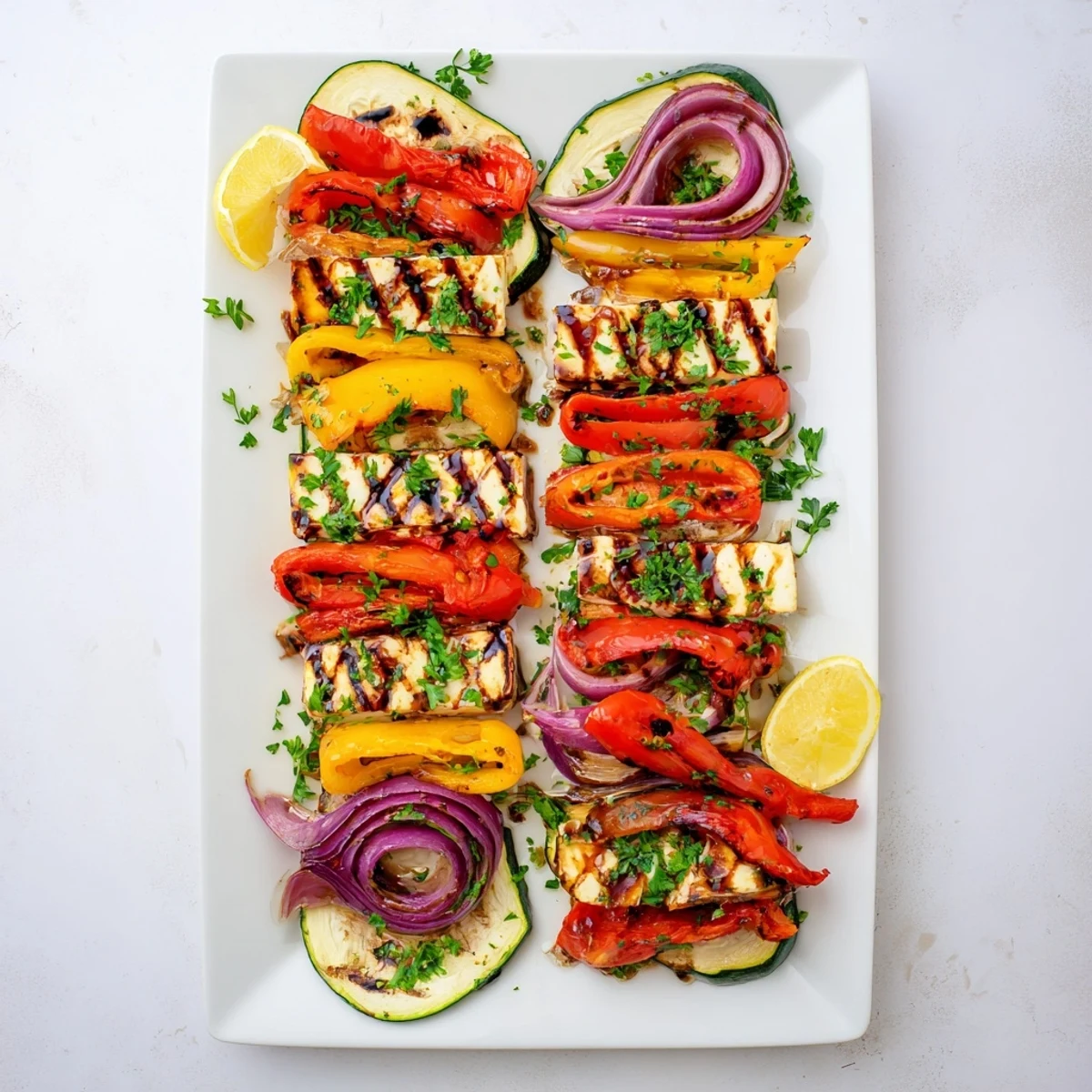 A Mediterranean halloumi cheese steak featuring golden grill marks, tender vegetables, and bright lemon wedges for squeezing.