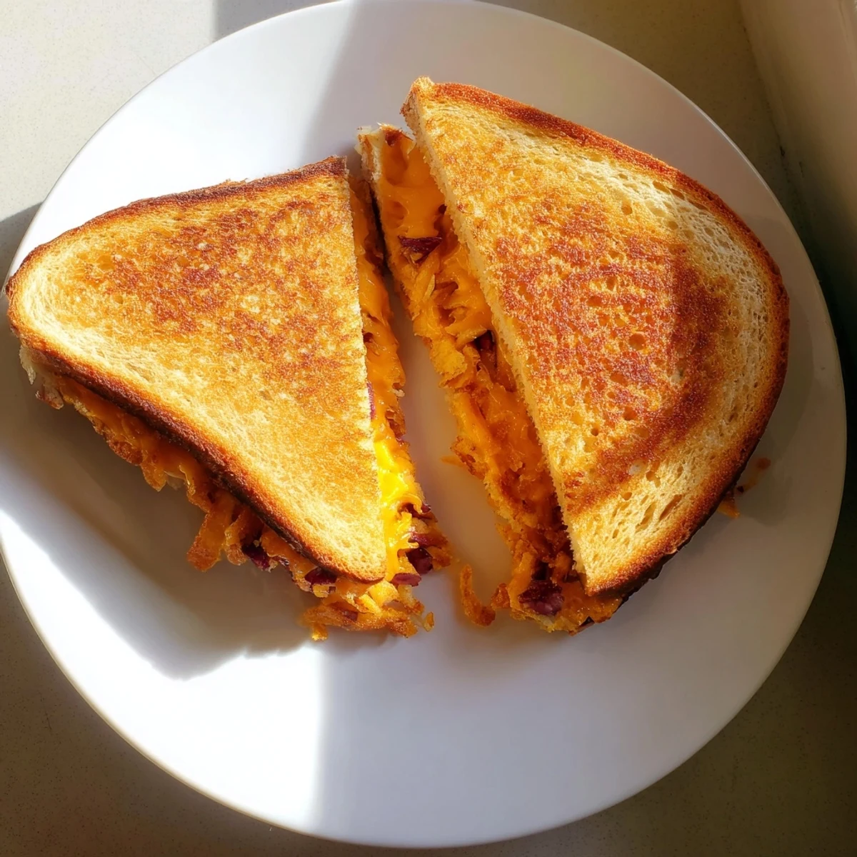 Golden Crispy Onion Grilled Cheese on buttery sourdough, with gooey cheddar and mozzarella melting beside crunchy fried onions.