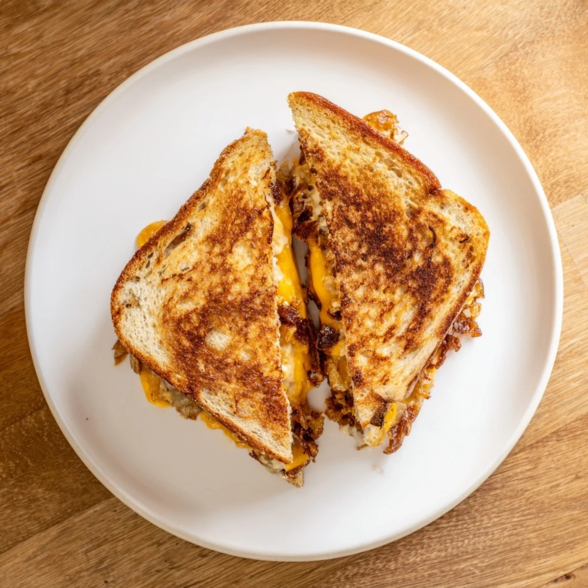 Homemade Crispy Onion Grilled Cheese sandwich, golden-brown and pressed, showcasing melted cheese pull and crispy onion texture up close.