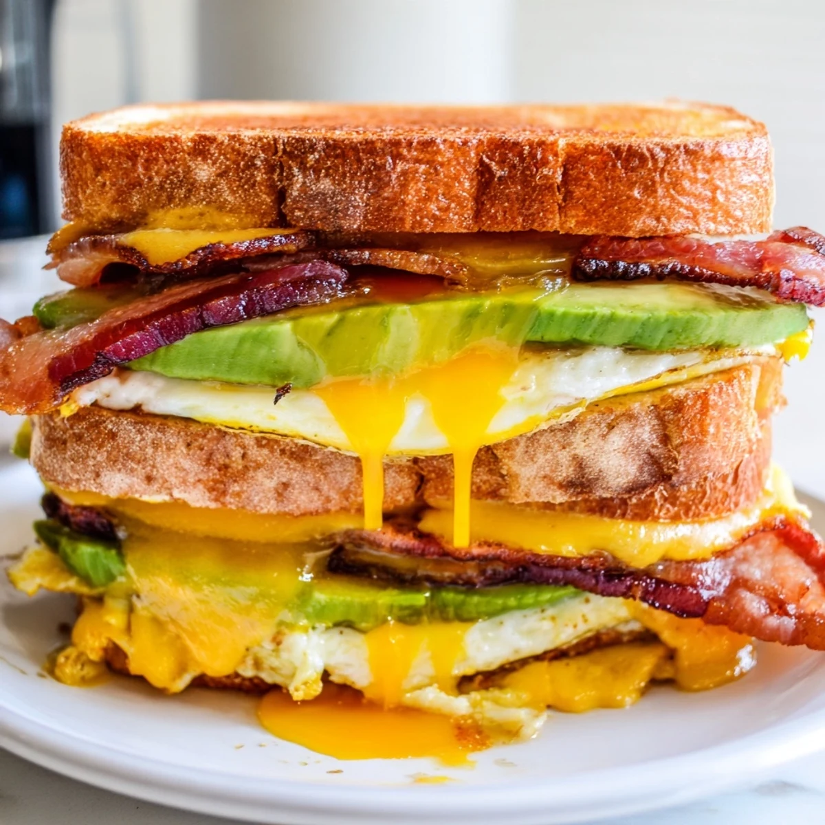 Toasted sourdough bread layered with melted cheddar cheese, crispy bacon strips, sliced avocado, and a sunny-side-up egg for this Loaded Breakfast Sandwich.