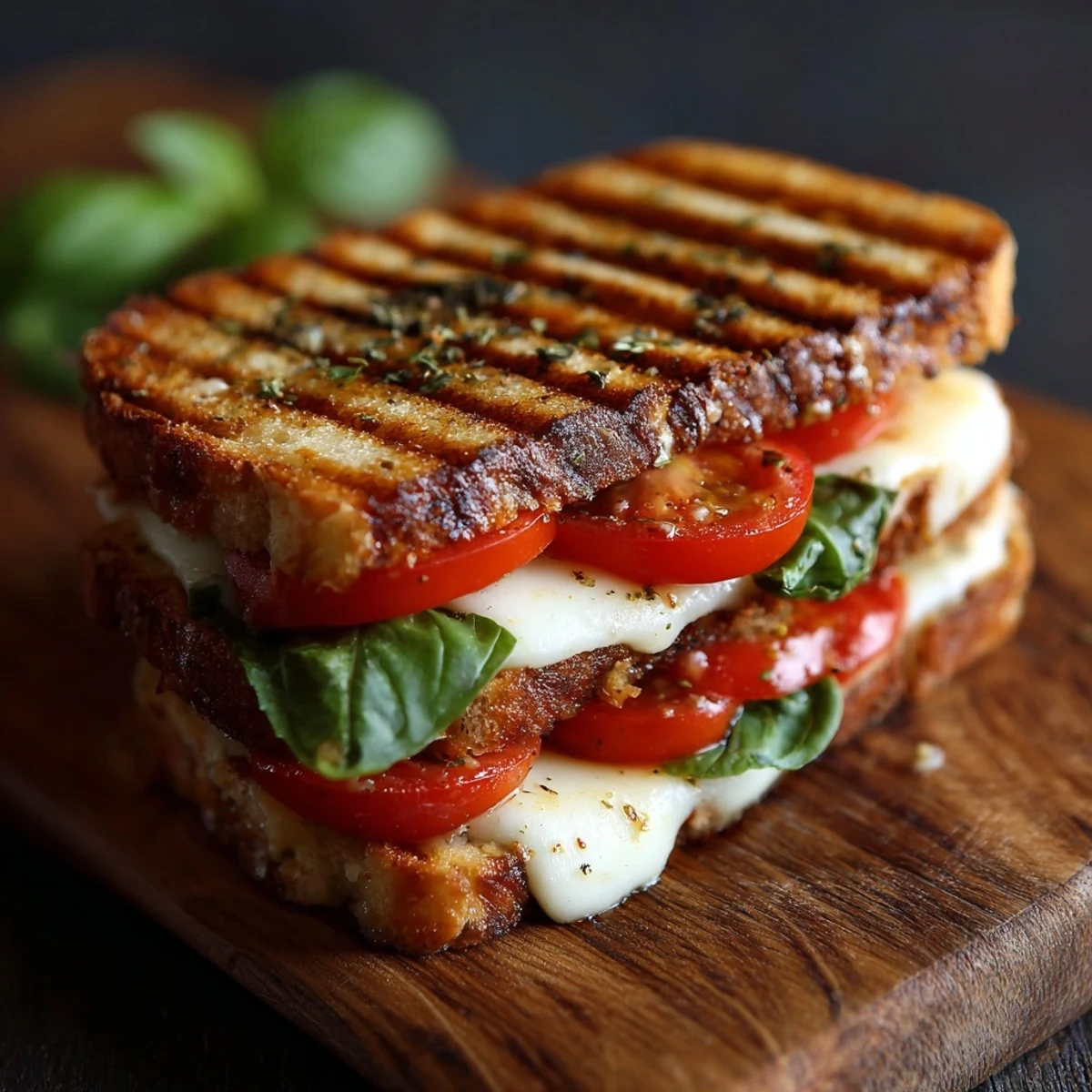 Golden-brown Panini Press Innovations sandwich with melted mozzarella, fresh tomato, and basil on toasted ciabatta.
