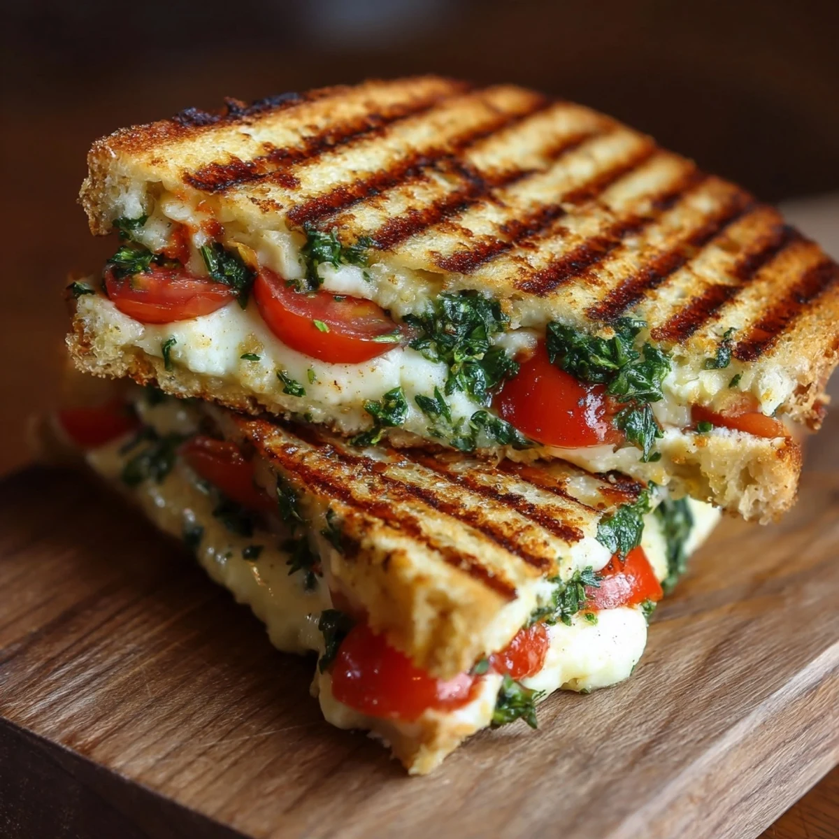 Toasted Panini Press Innovations turkey cranberry panini with Swiss cheese and spinach, served warm.